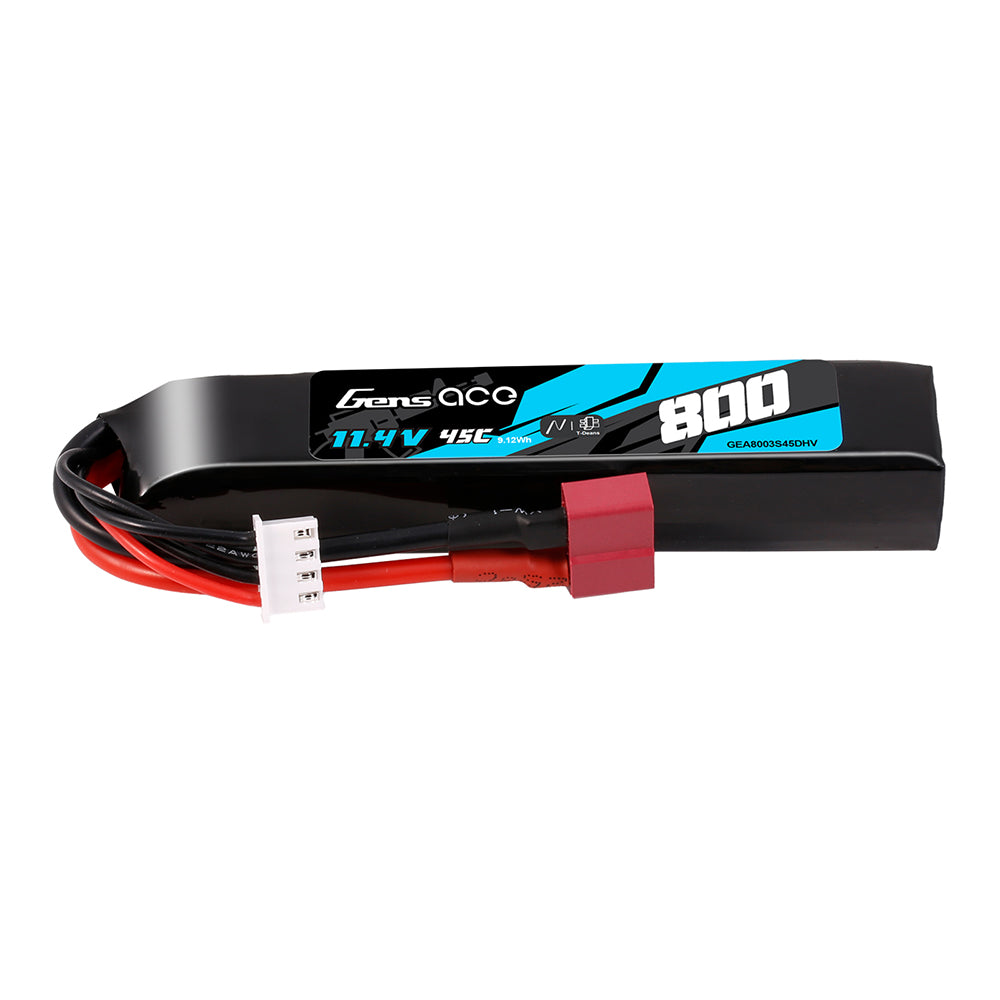 Gens Ace LIPO 800mAh 11.4V 45C 3S1P Deans(T) High Voltage LIPO Battery Pack