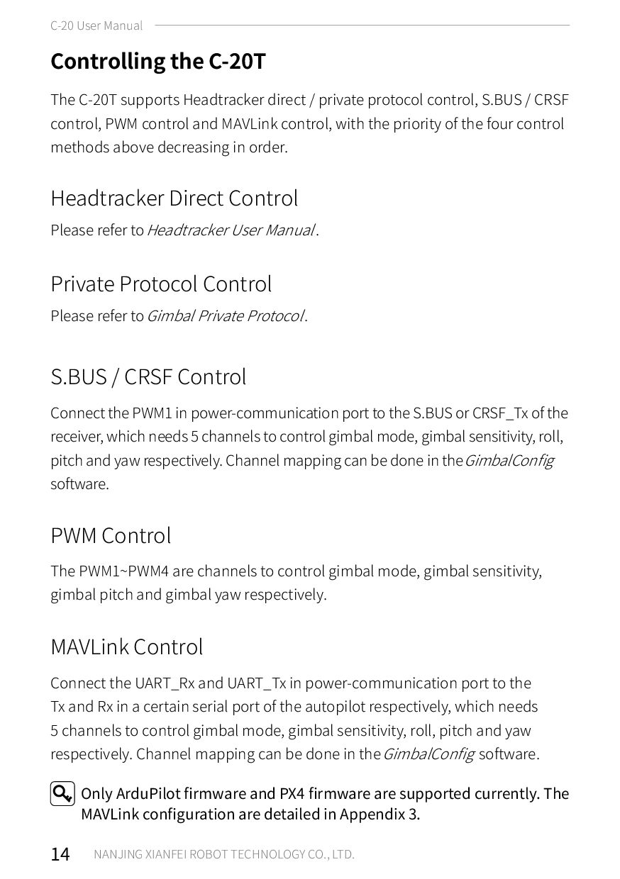 C-20T 3-Axis FPV Gimbal User Manual XF(A5) V1.4 – puslapis 20