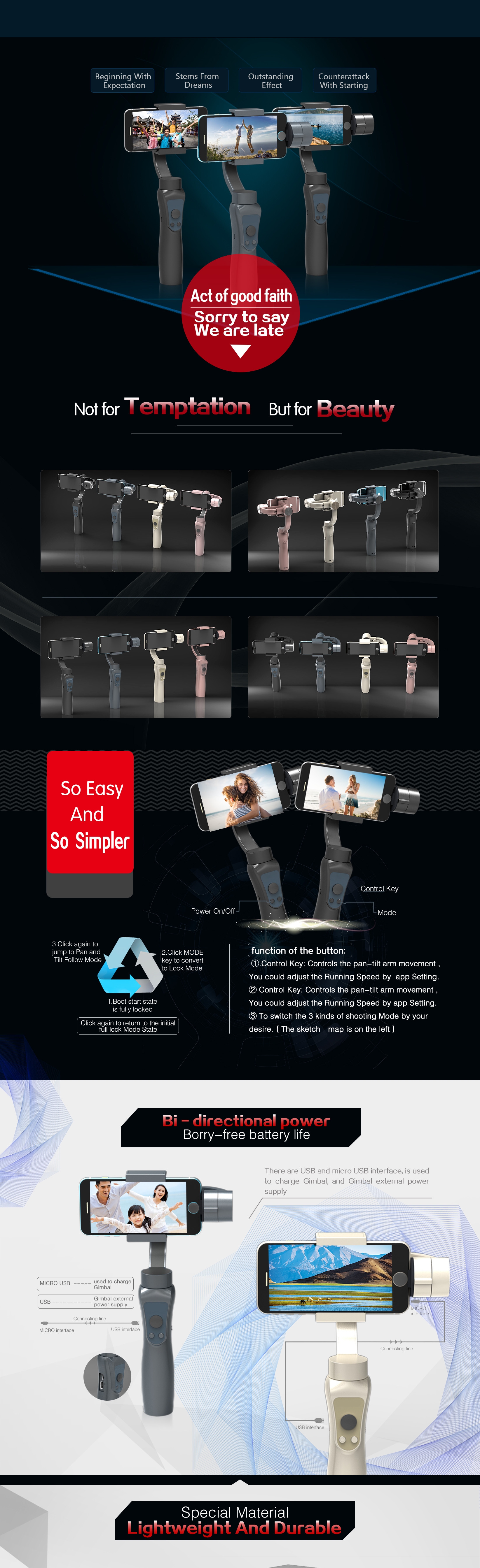 Jcrobot S5 3-Axis Handheld bluetooth Gimbal Stabilizer For Smartphones & GoPro Hero Action Camera