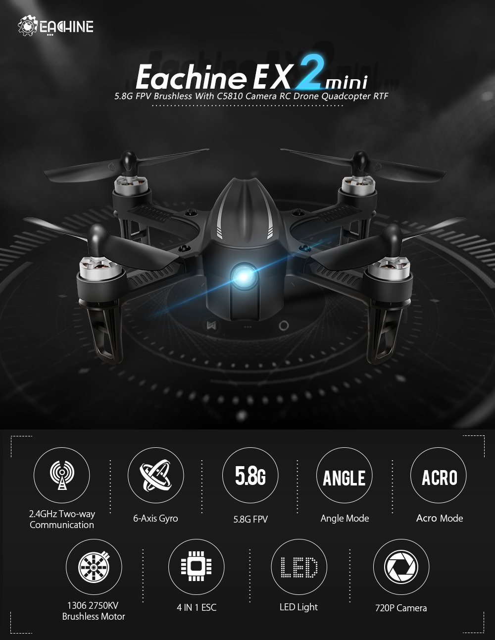 $67.89 for Eachine EX2mini Angle Mode Acro Mode With LED Light Brushless RC Drone Quadcopter RTF