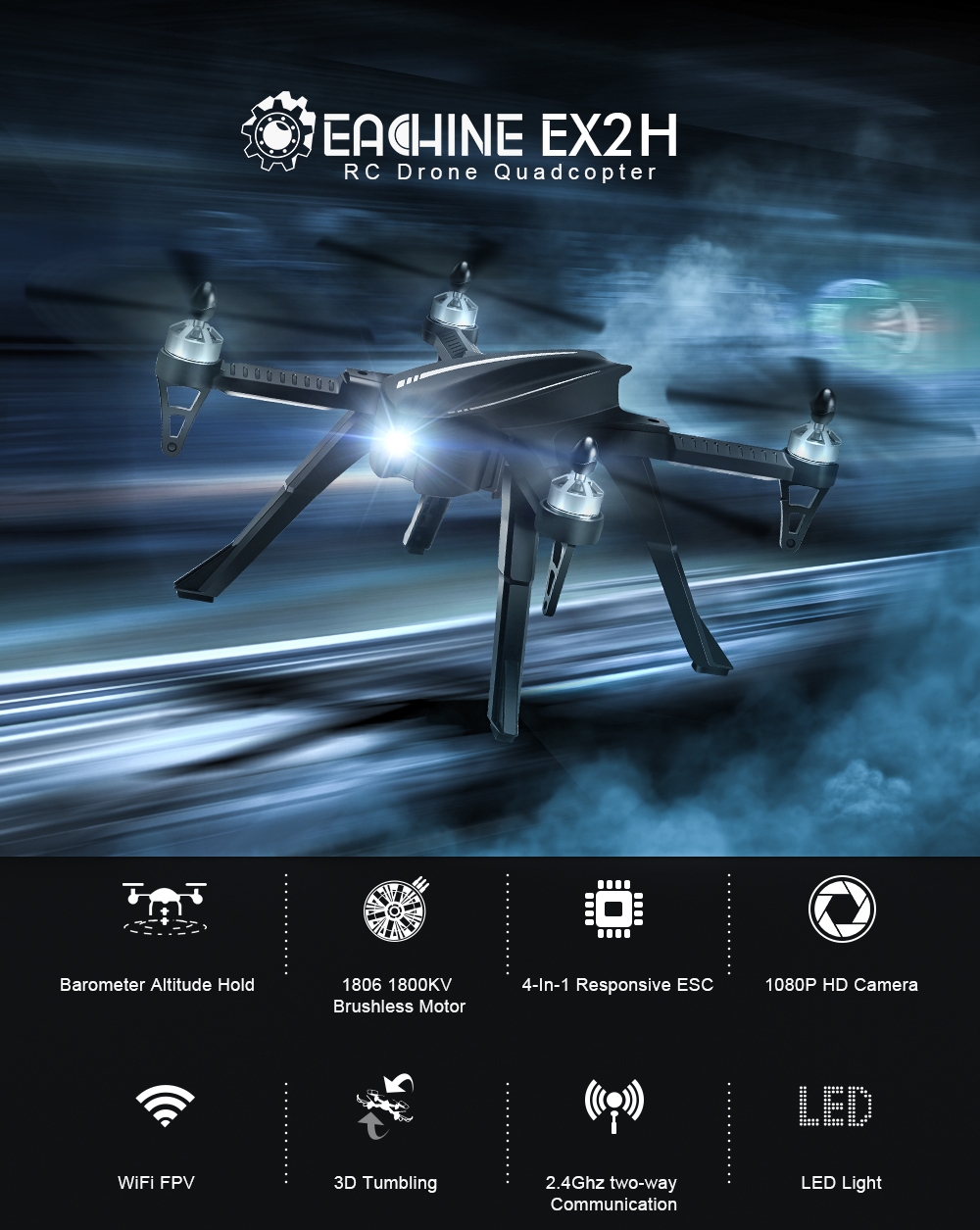 $64.99 for Eachine EX2H Brushless WiFi FPV With 1080P HD Camera Altitude Hold RC Drone Quadcopter RTF