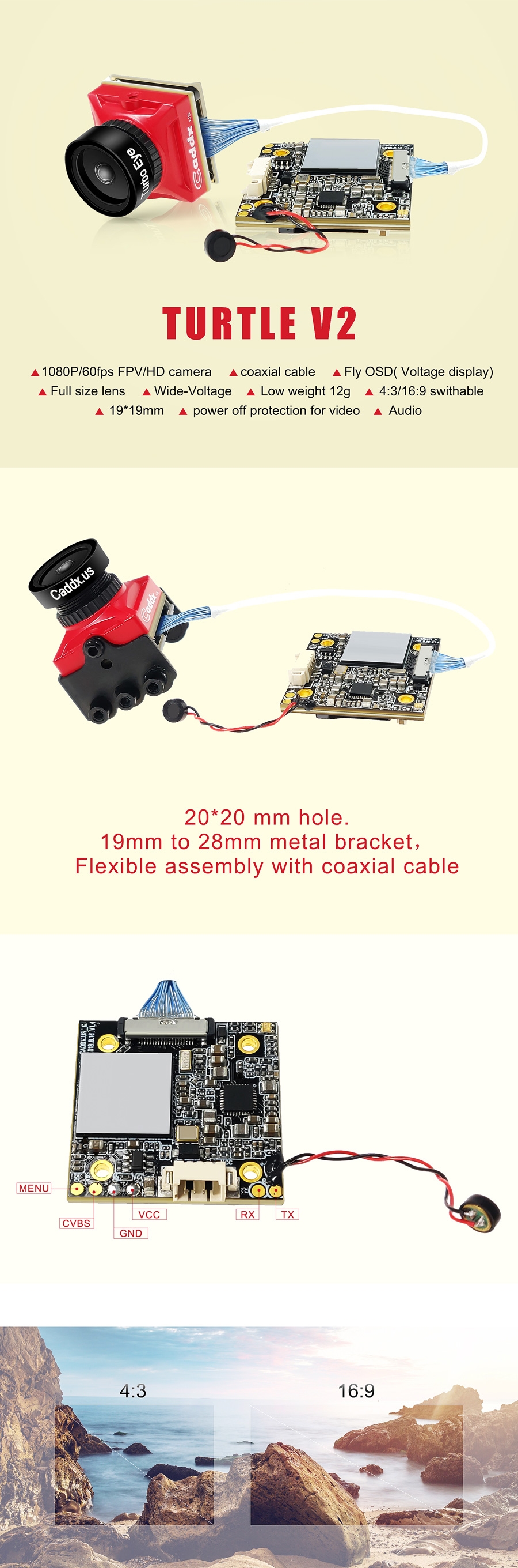 Caddx Turtle V2 1080p 60fps FOV 155 Degree Super WDR Mini HD FPV Camera OSD Mic for RC Drone