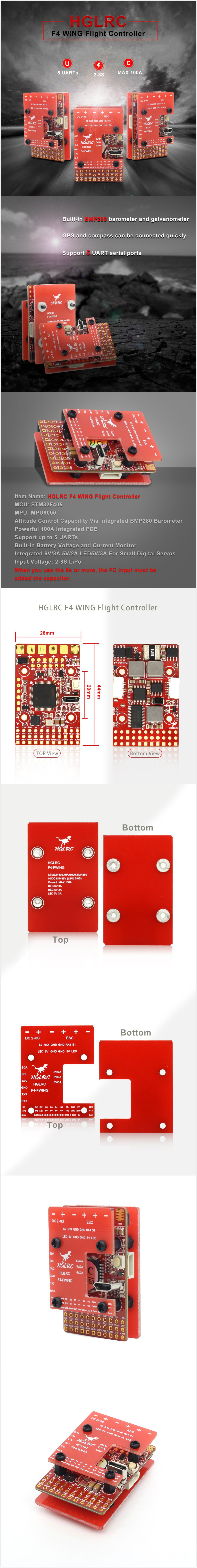 HGLRC F4 WING Flight Controller STM32F405 2-8S Integrated 6V/3A BEC PDB For RC Airplane Drone