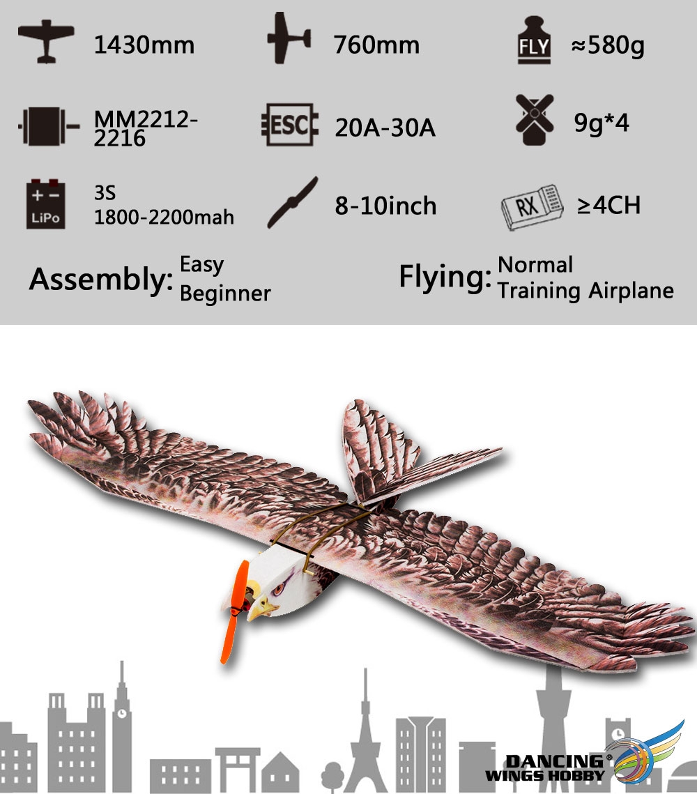 $47.05 for Dancing Wings Hobby DW E19 Eagle V2 1430mm Wingspan EPP DIY RC Airplane Fixed-Wing KIT/PNP Slow Flyer Trainer for Beginners