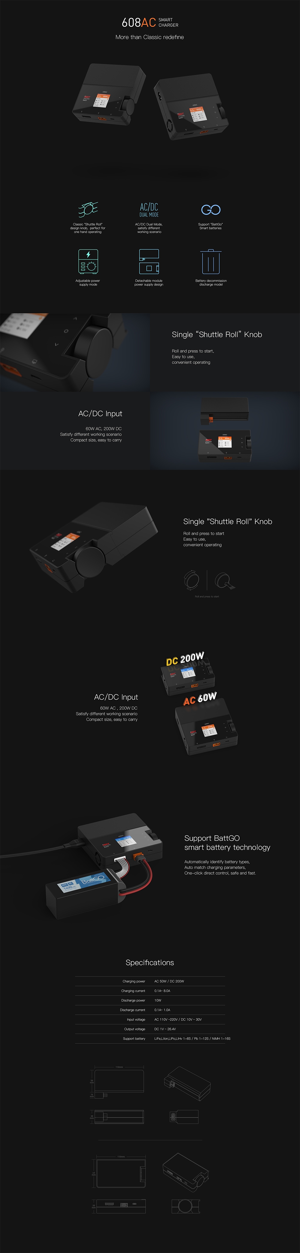 ISDT 608AC AC 60W DC 200W 8A BattGo Smart Battery Charger Discharger with Detachable Power Supply