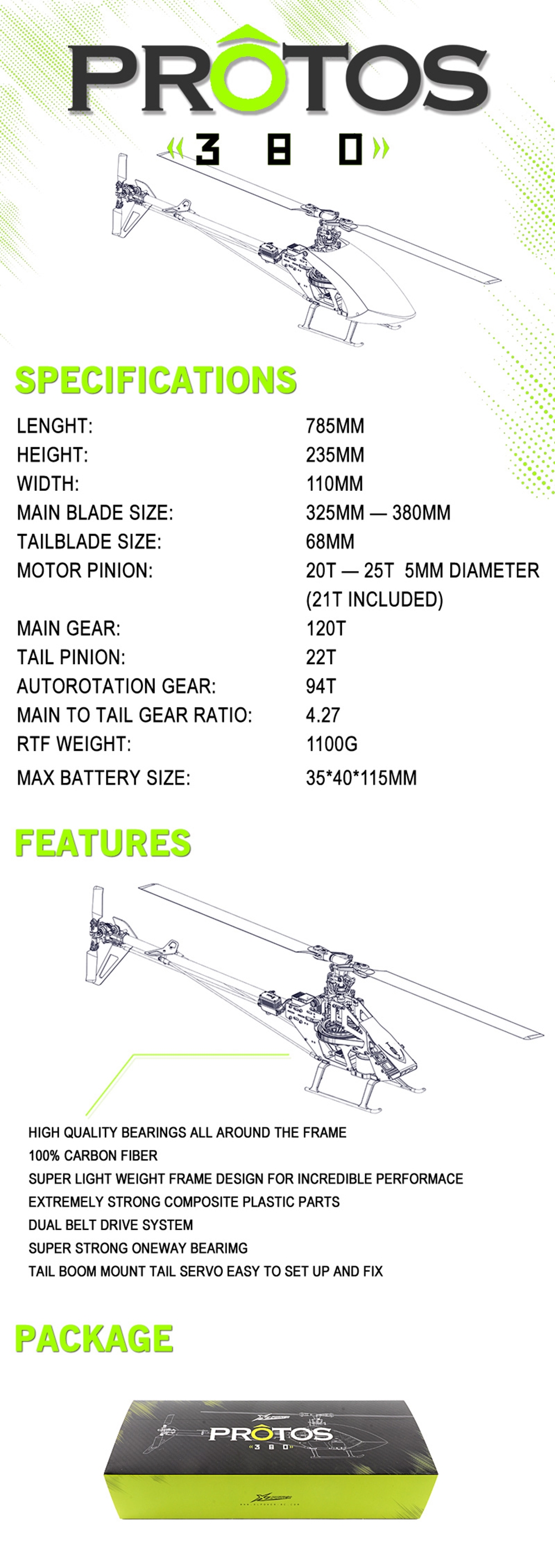 XLPower MSH PROTOS 380 FBL 6CH 3D Flying RC Helicopter Kit