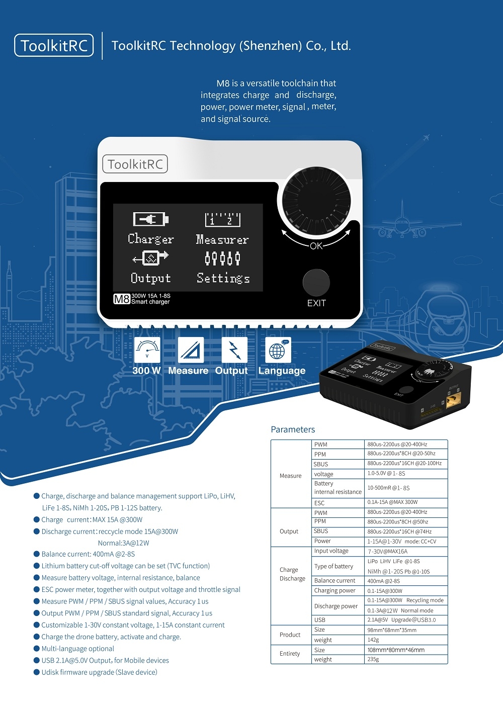 ToolkitRC M8 DC 300W 15A Battery Balance Charger Discharger