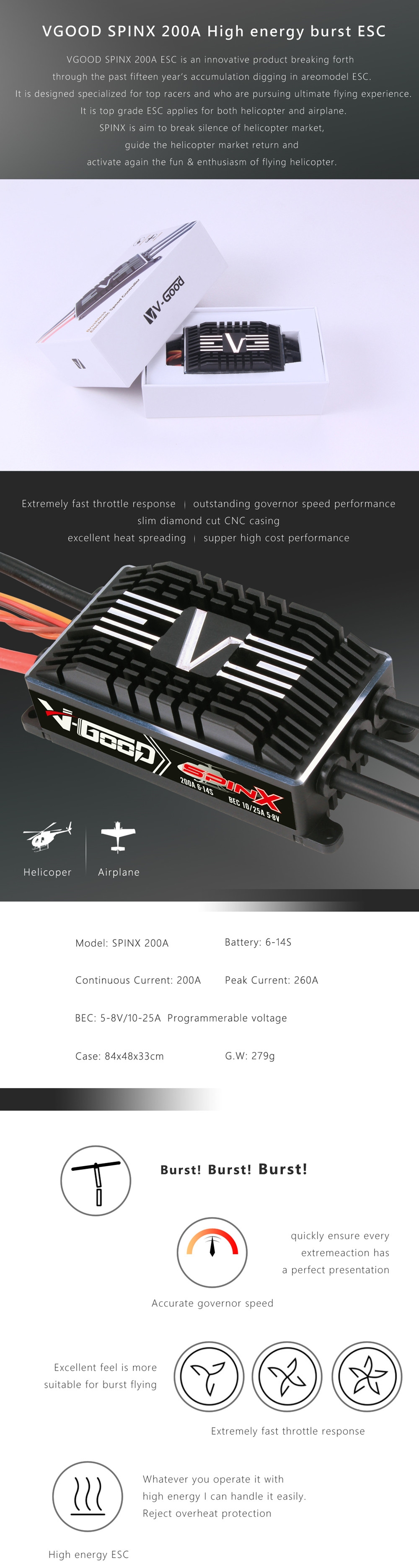 $254.99 For V-GOOD SPINX 200A 5-8V 25A Brushless ESC Support HV 6-14S Lipo Battery For 700 Class RC Helicopter RC Airplane