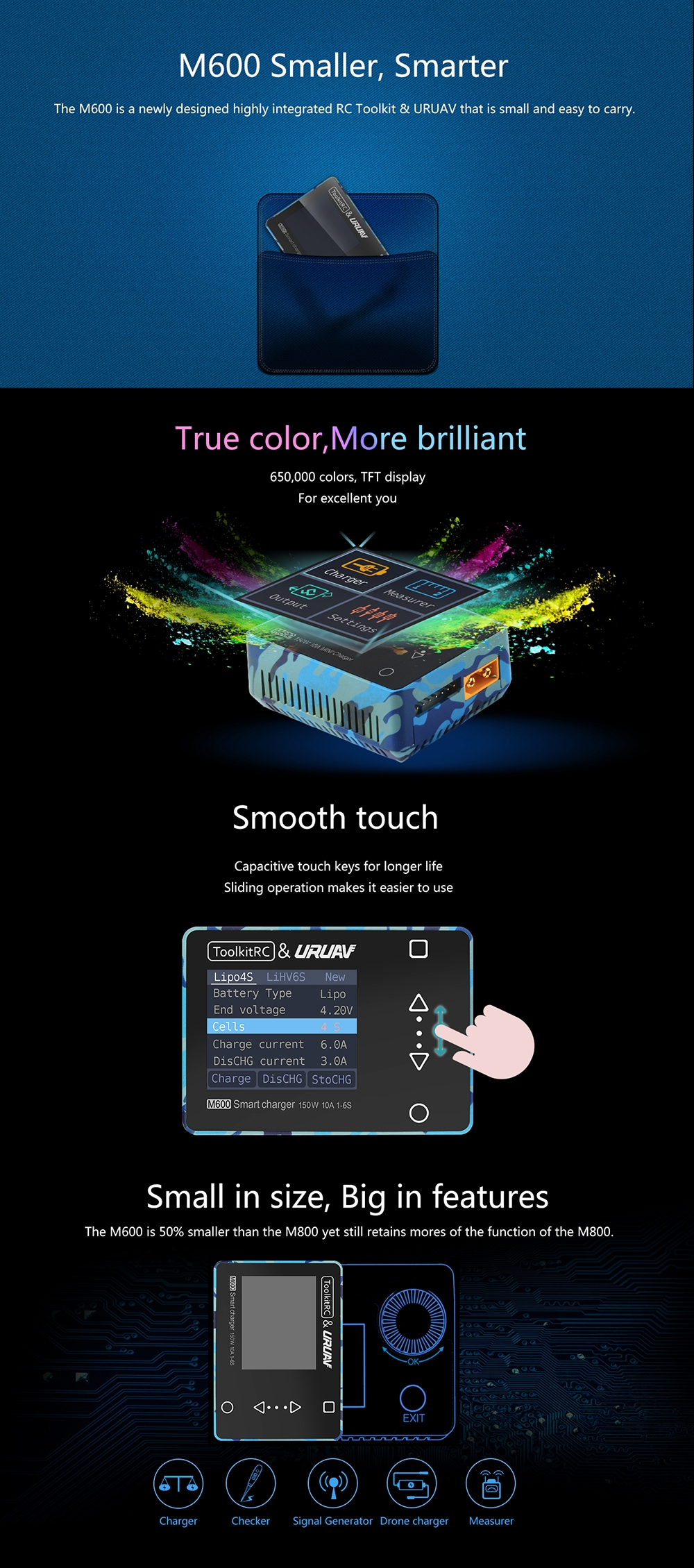 15%OFF for ToolkitRC & URUAV M600 150W 10A DC MINI Smart LCD 1-6S Lipo Battery Balance Charger