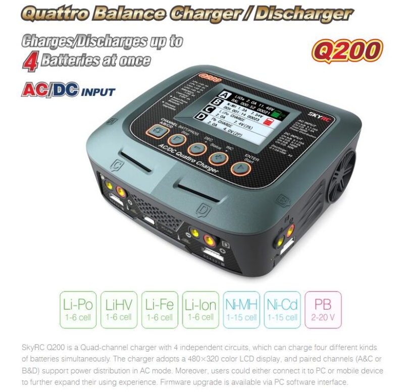 SkyRC Q200 QUATTRO AC/DC 2X100W 2X50W Lipo Battery Balance Charger Discharger