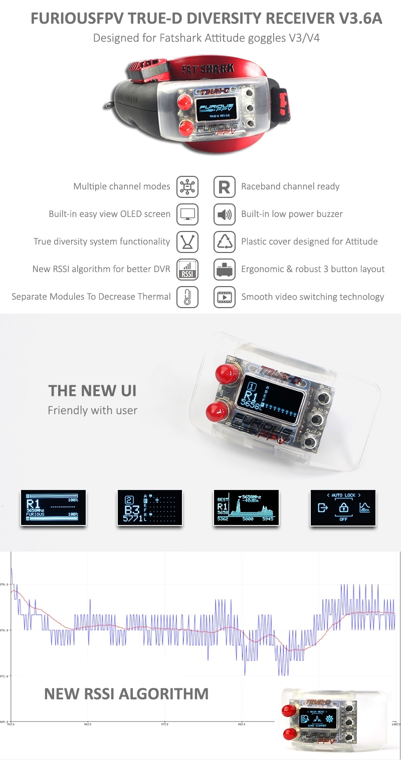 FuriousFPV True-D V3.5 FPV Diversity Receiver Firmware 3.6 For FatShark Attitude Goggles RC Drone